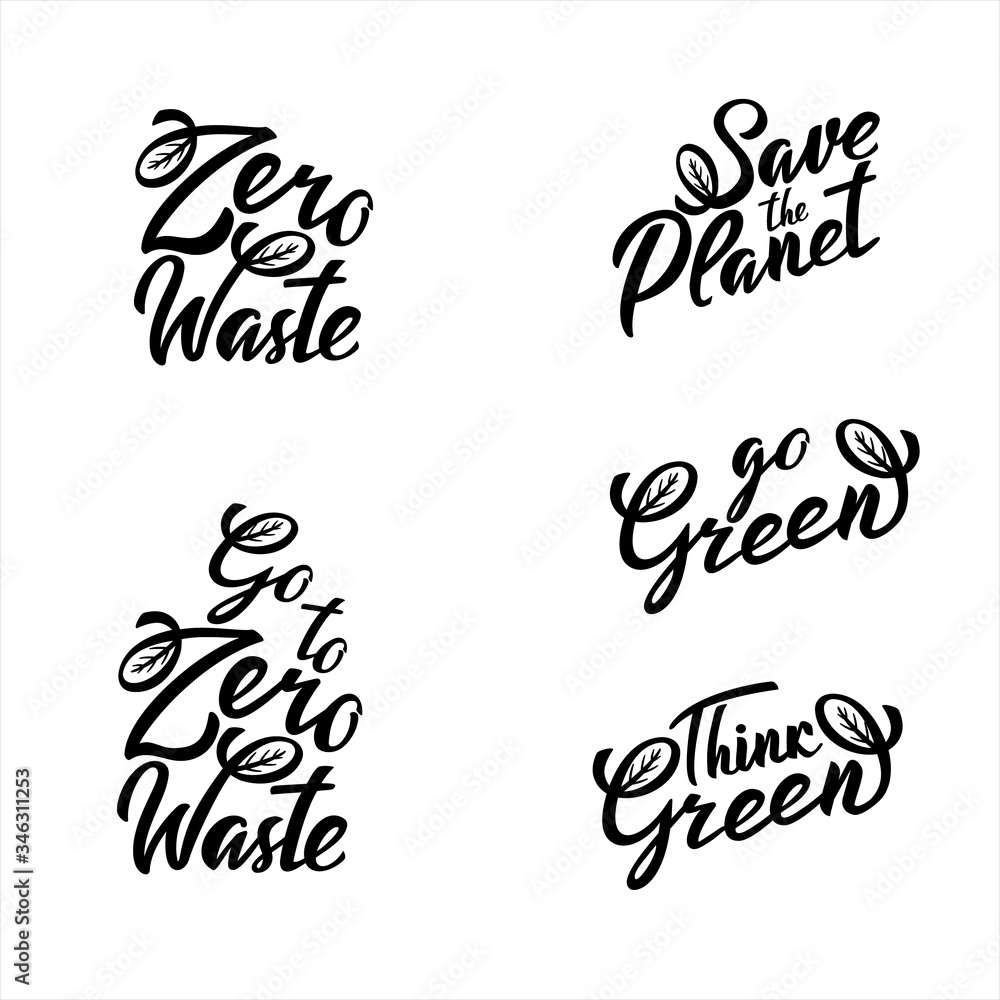 Save the Planet lettering icon set. Think green Ecological design. Recycled eco go to zero waste lifestyle. Recycle Reuse Reduce concept. Vector handwritten illustration isolated on white background Save the Planet lettering icon set. Think green Ecological design. Recycled eco go to zero waste lifestyle. Recycle Reuse Reduce concept. Vector handwritten illustration isolated on white background