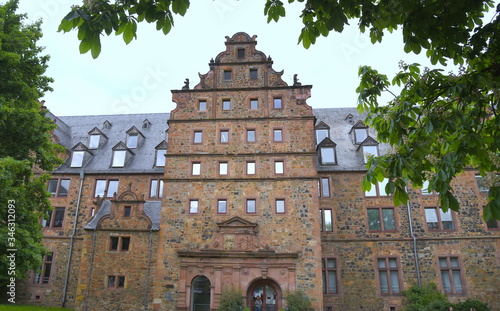 Neues Schloss mit steinerner Fassade und Stufengiebel umrahmt von Zweigen photo