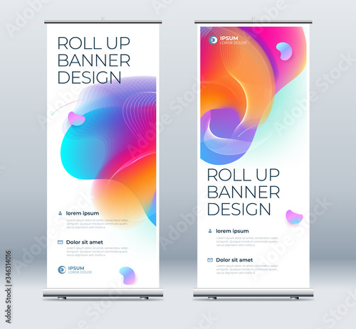Roll Up banner stand presentation concept. Corporate business roll up template background. Vertical template billboard, banner stand or flag design layout. Poster for conference, forum, shop