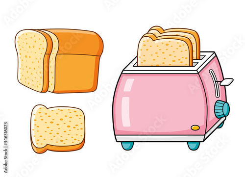 Pink toaster with slices and half a loaf of bread isolated