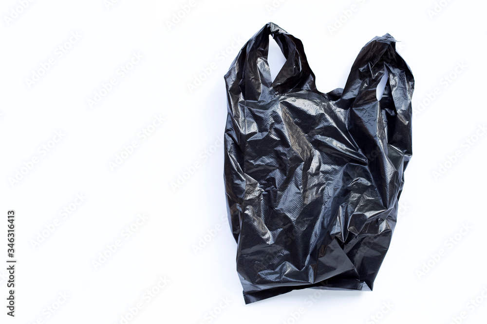 Black plastic bag on white background.