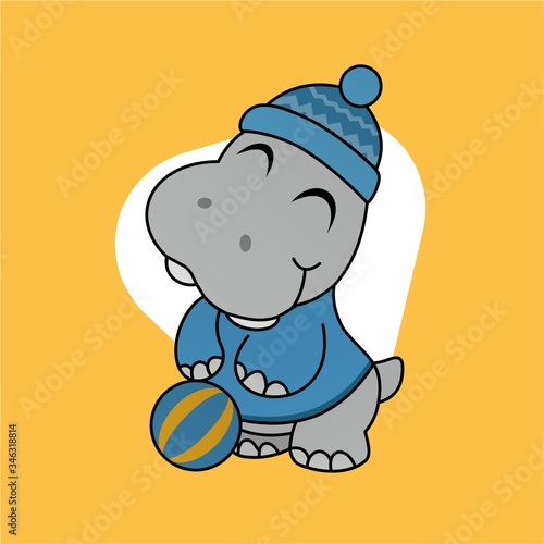 Illustration of Hippopotamus Wear Hats While Closing Their Eyes and There are Ball on Their Feet Cartoon  Cute Funny Character  Flat Design