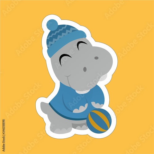 Stickers of Hippopotamus Wear Hats While Closing Their Eyes and There are Ball on Their Feet Cartoon, Cute Funny Character, Flat Design