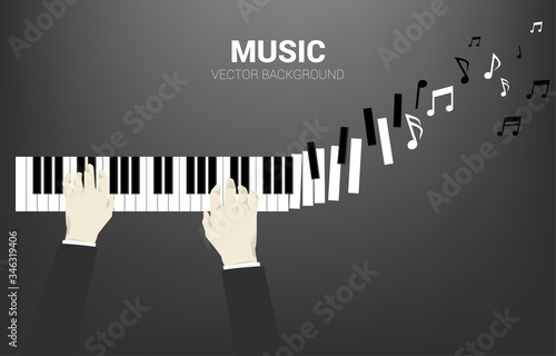 Pianist hand with piano key transform to music note. Background concept for classic song event and music festival