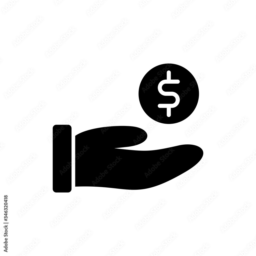 Donation glyph icon design. Caring people illustration design. Gesture hand with money donation sign symbol. Black glyph vector icon. Donation glyph icon design. Caring people illustration design. Gesture hand with money donation sign symbol. Black glyph vector icon.