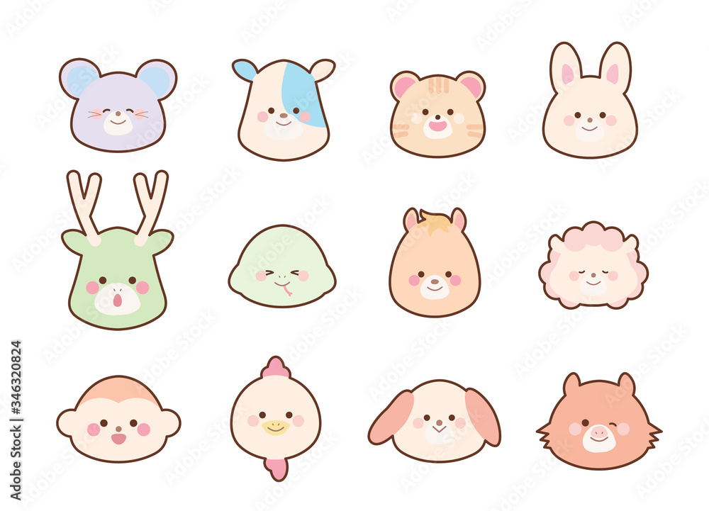 Obraz premium 十二支のイラストセット カラー 線あり