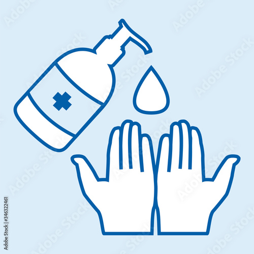 Washing hands with alcohol gel or antibacterial soap sanitizer against covid-19 pandemic pictogram. Blue vector icon.