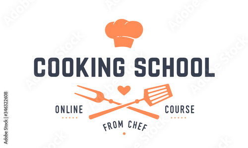 Food logo. Logo for Cooking school class with icon bbq tools, grill fork, spatula, text typography Coocking School, online Course. Graphic logo template for cooking cuisine course. Vector Illustration