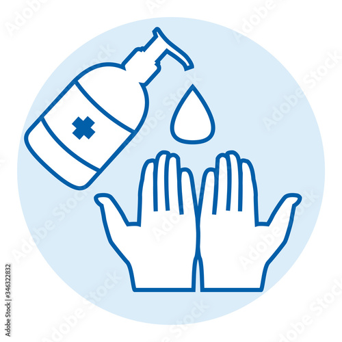 Washing hands with alcohol gel or antibacterial soap sanitizer against covid-19 pandemic pictogram. Blue round vector icon.
