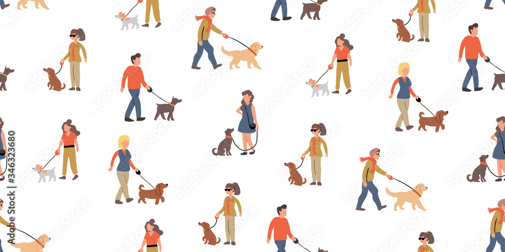 seamless pattern with urban people walking dogs