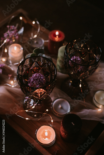 Still life of wedding decorations, candles and wine