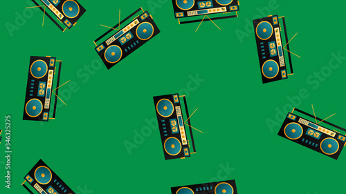 Seamless pattern of retro old hipster music audio tape recorders from the 70s, 80s, 90s, 2000s on a green background
