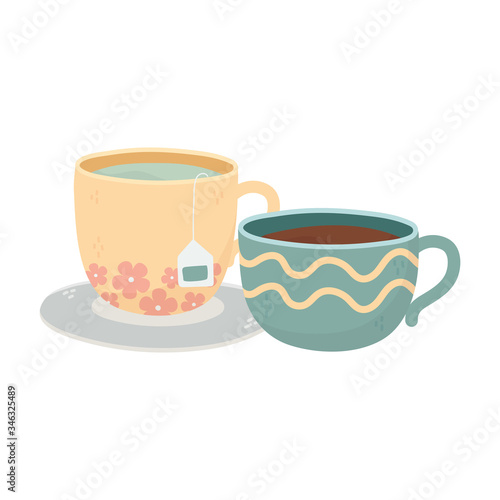 coffee time, cups coffee tea teabag fresh beverage