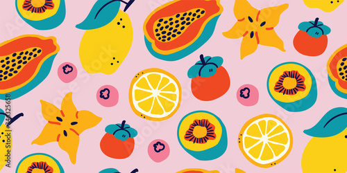 Vector seamless pattern with tropical fruits -pink
