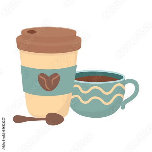 coffee time, takeaway cups coffee spoon fresh beverage