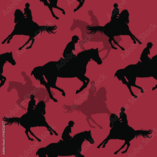 silhouettes of sports horses and riders isolated on a maroon seamless background, decoration pattern, Equestrian sports, Show jumping