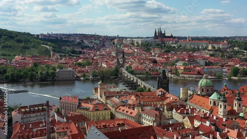 Prague scenic spring aerial view of the Prague Old Town pier architecture and Charles Bridge over Vltava river in Prague, Czechia. Old Town of Prague, Czech Republic.