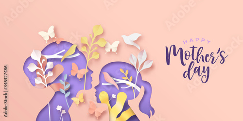 Mother's day papercut card of mom and girl child