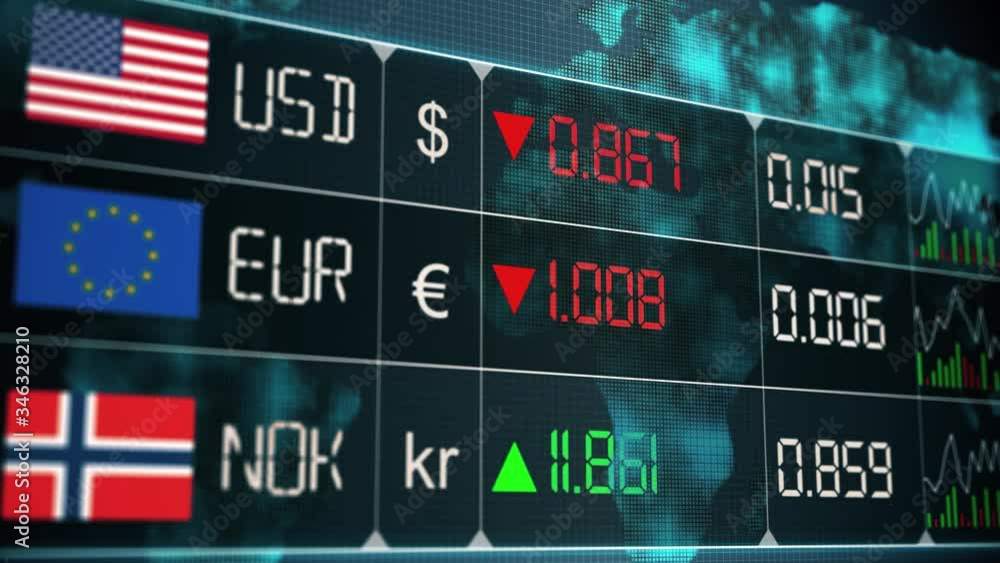 Evolution of currencies in the world market with up and downs of Norwegian krone, Euro, US dollar. Currency market with green and red digital animation of prices in financial and ecomonic crisis Evolution of currencies in the world market with up and downs of Norwegian krone, Euro, US dollar. Currency market with green and red digital animation of prices in financial and ecomonic crisis