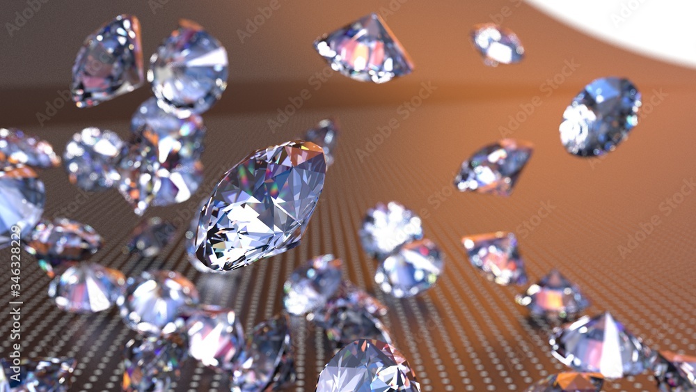 Shiny Diamonds falling on black leather surface background. 3D illustration. 3D CG. High resolution. Shiny Diamonds falling on black leather surface background. 3D illustration. 3D CG. High resolution.