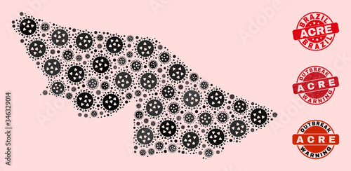 Outbreak composition of flu viral mosaic Acre State map and grunge stamps. Vector red watermarks with grunge rubber texture and Outbreak Warning caption.