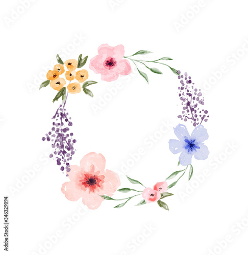 Spring watercolor flower circle wreath frame