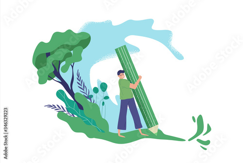 Happy boy with green pencil in nature concept
