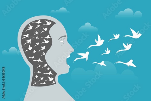 Silhouette of human head with birds flying out from his head