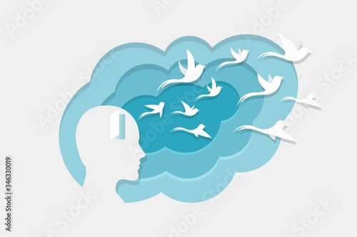 head with birds flying out from a door in his head