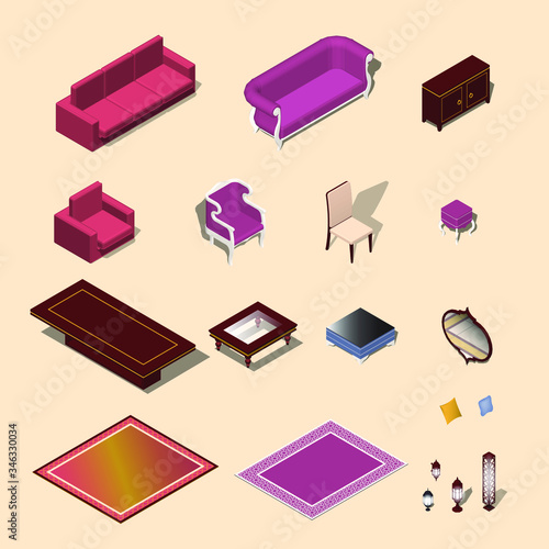 Collection of many furniture vector. Consist of sofa, chair, credenza, table, mirror, carpet, cushion, and lamp.