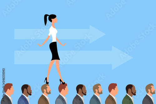 Business Woman Walking on Head of men, or colleagues, Overcoming difficulties through other people, using them like Bridge.