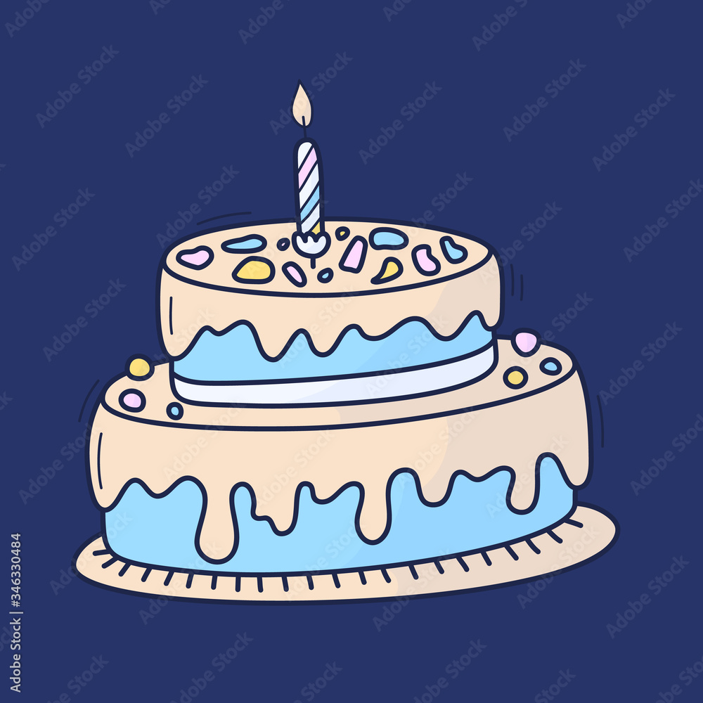 Birthday cake with candle. Symbol of celebration. Doodle cartoon Hand drawn vector illustration. Birthday cake with candle. Symbol of celebration. Doodle cartoon Hand drawn vector illustration.