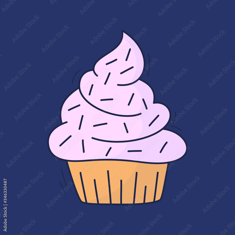 cartoon cakes in vector. Hand drawn dessert in vintage style. Cap cake with cream. Sweet food isolated on background. Illustration line art colored version. Doodle cartoon cakes in vector. Hand drawn dessert in vintage style. Cap cake with cream. Sweet food isolated on background. Illustration line art colored version. Doodle