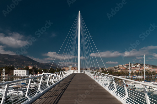 pedestrian white bridge in the Italian city of La Spezia on the Ligurian sea coast