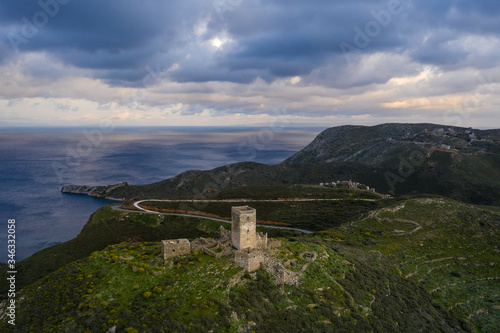 Panoramic view of Mani region. Wide aerial panorama Cape Matapan or Tainaron the Southest part of Europe, Mani, Lakonia, Peloponnese, Greece