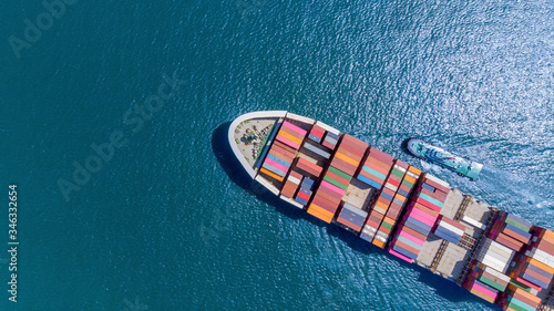 Aerial top view of cargo ship carrying container and running for export goods from cargo yard port to custom ocean concept freight shipping by ship, webinar banner