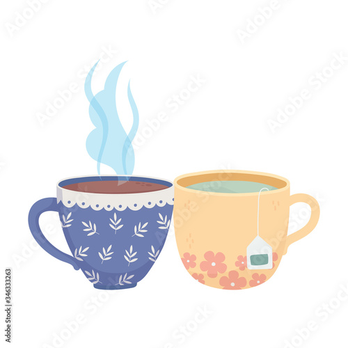 coffee time, cups coffee tea teabag fresh beverage