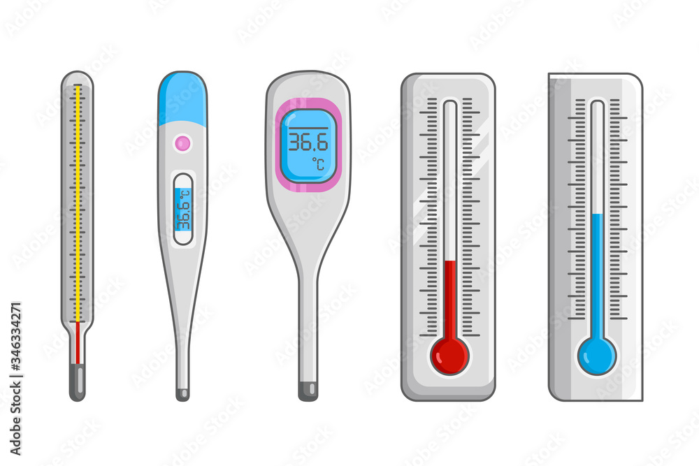 Medical thermometer. Classic medical mercury and electronic thermometer for temperature measurement. Degree thermometer device isolated icons set. Healthcare and medical equipment vector illustration Medical thermometer. Classic medical mercury and electronic thermometer for temperature measurement. Degree thermometer device isolated icons set. Healthcare and medical equipment vector illustration