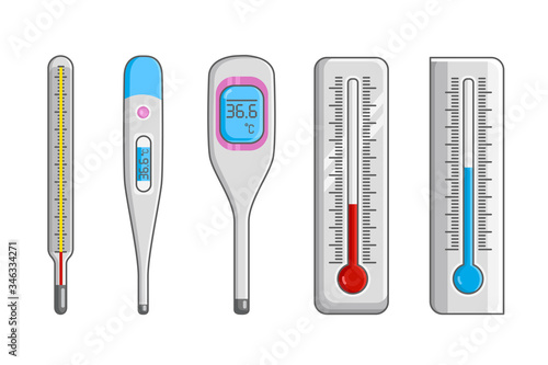 Medical thermometer. Classic medical mercury and electronic thermometer for temperature measurement. Degree thermometer device isolated icons set. Healthcare and medical equipment vector illustration