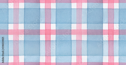 Repeatable seamless pattern of blue and pink checkered motive. Hand painted watercolour graphic drawing on white. Beautiful tender background for creative design, scrapbook, wrapping paper, package.