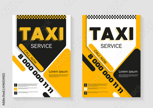 Taxi service layout. Vertical design of taxi advertising with space for phone number and service description. Taxi service banners set in black and yellow colors vector template. Call now web concept