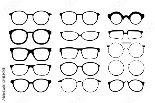 Black glasses rim. Eyeglasses and sunglasses collection vector illustration. Vintage, classic and modern style glasses rim silhouette. Stylish male and female optical accessories isolated set