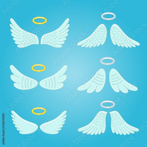 Wings and nimbus. Feather angel wings with halo isolated set in cartoon style. Funny different wings with golden and silver nimbus vector illustration. Fantastic angelic and romantic decoration