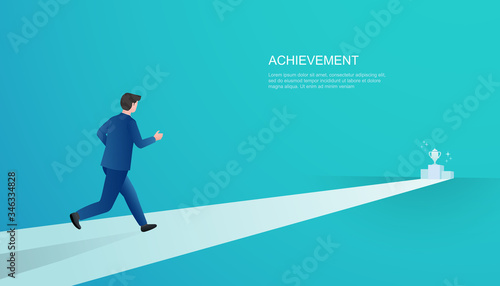 Reaching the trophy. Businessman running for a achivement and profit. Business concept illustration