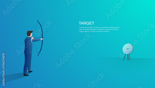 Businessman shooting a bow and arrow isolated on blue background. Man shoots or aiming at the target. Business concept vector illustration