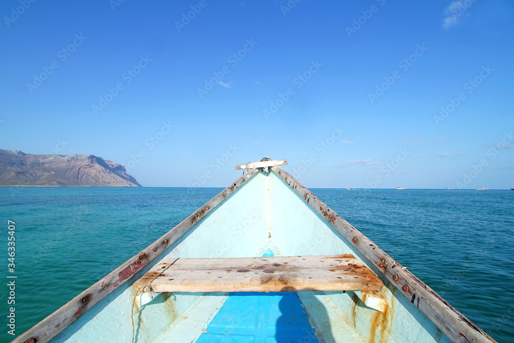 The boat heading for Shuab beach of Arabia sea in Socotra island, Yemen.