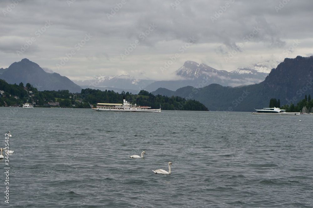 Scenic view of snow covered Alps mountains from Lake Lucerne in Luzern, Switzerland
