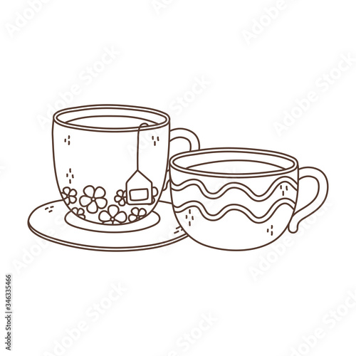 coffee time, cups coffee tea teabag fresh beverage linear design