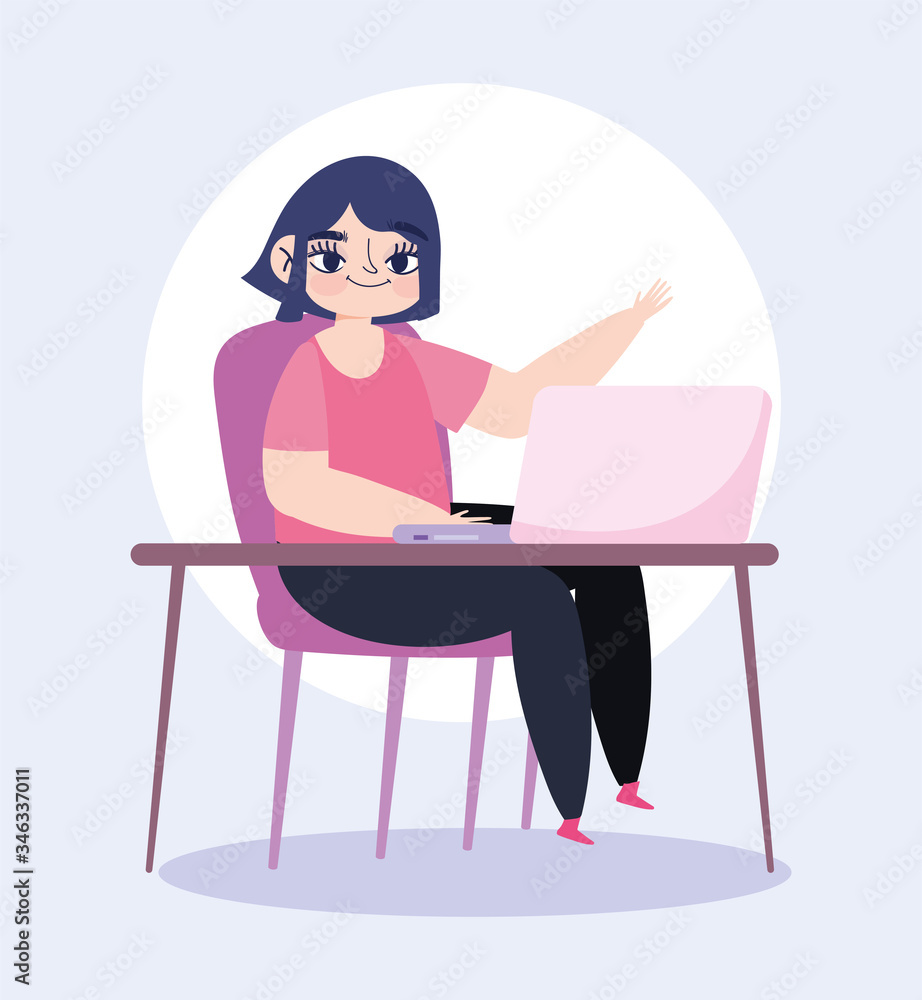 working remotely, young woman using laptop on desk workplace working remotely, young woman using laptop on desk workplace