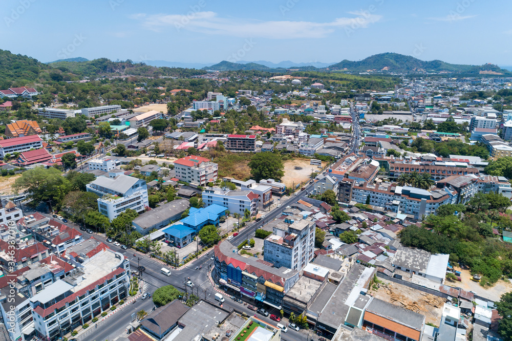 Aerial view drone photography High angle view of Phuket city, Phuket province Thailand.